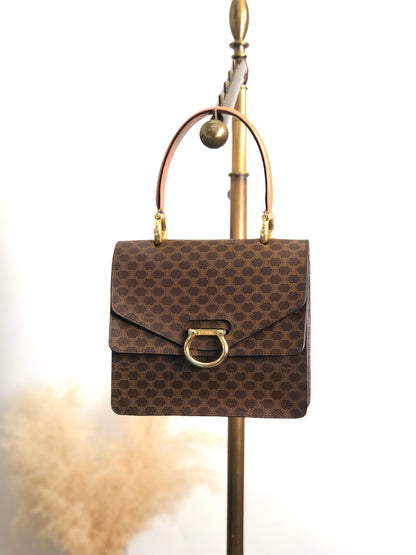 CELINE Macadam Horse Bit Double Flap Top Handle Handbag Brown Vintage 6caaii