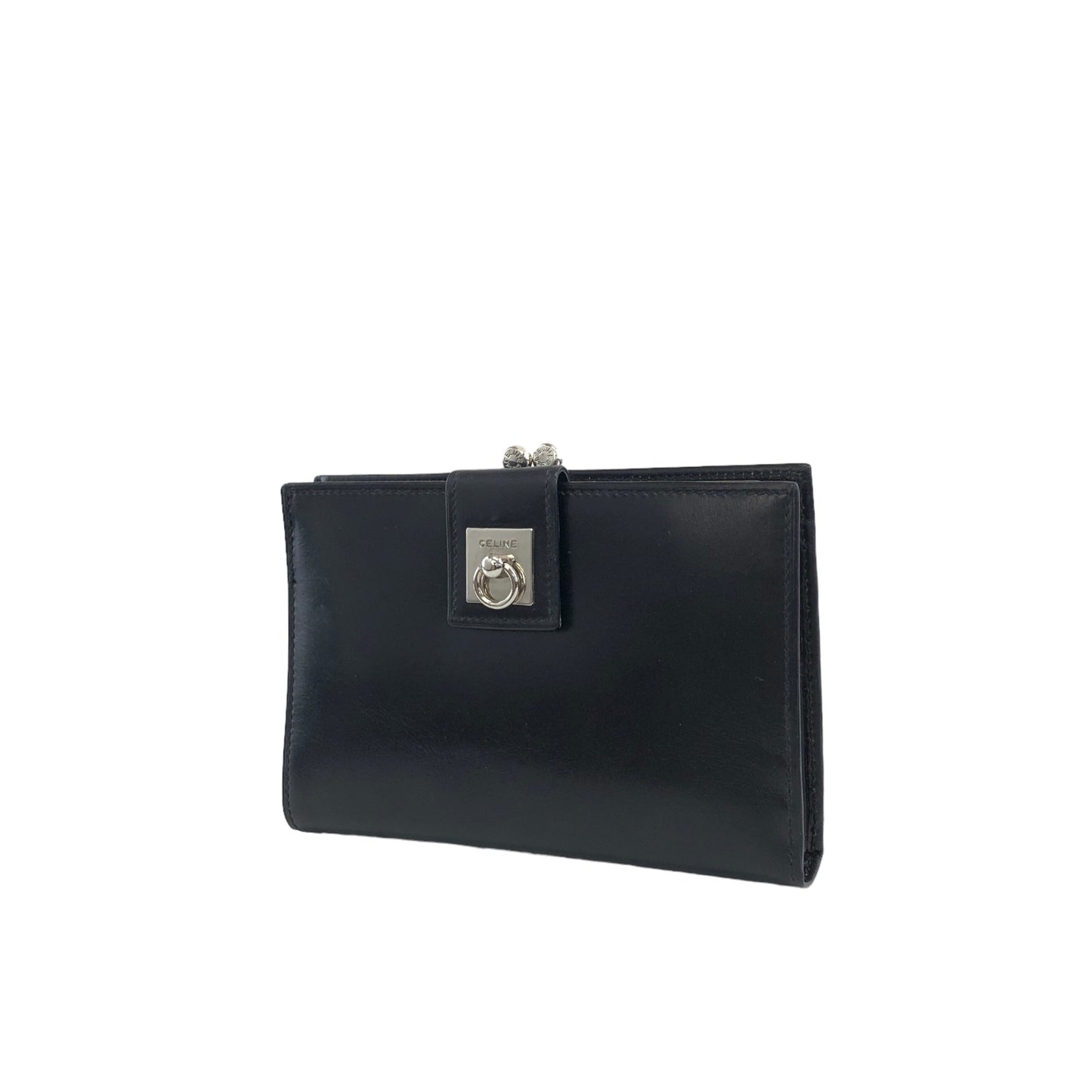 CELINE Gancini  Leather Metal Clasp Folded Wallet Black Vintage pk72c5