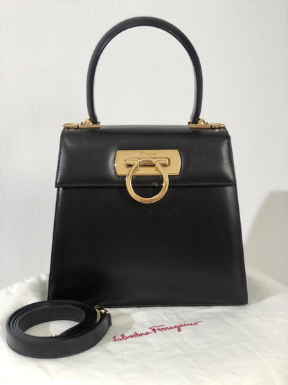 Salvatore Ferragamo Gancini 皮革雙向手提包斜背包單肩包棕色復古 k3zp2e