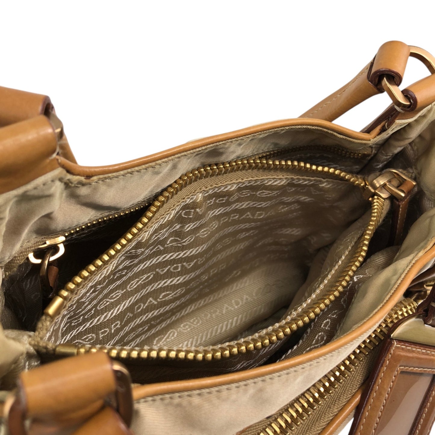 PRADA Tessuto Triangle Logo Side Pocket Handbag Beige Vintage a35ftn