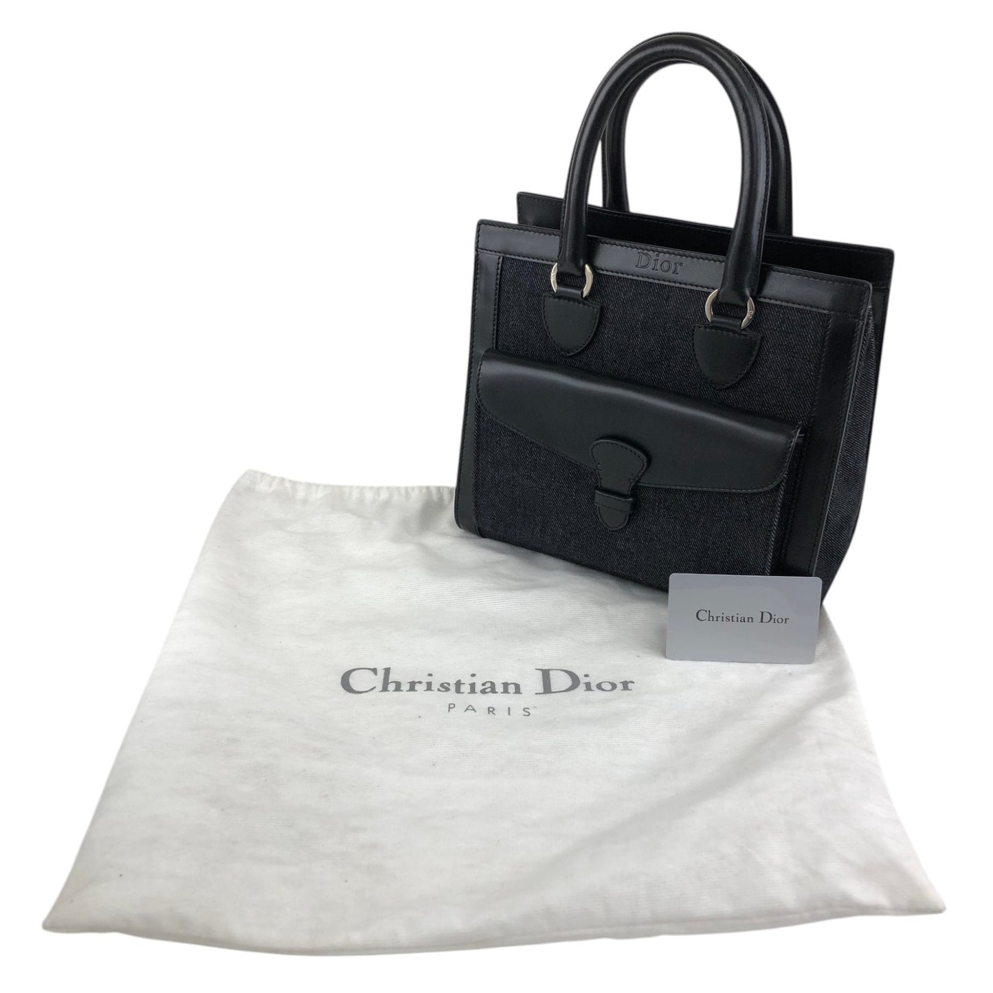 Christian Dior Logo Handbag Black,Indigo Canvas Denim Vintage 554rfk