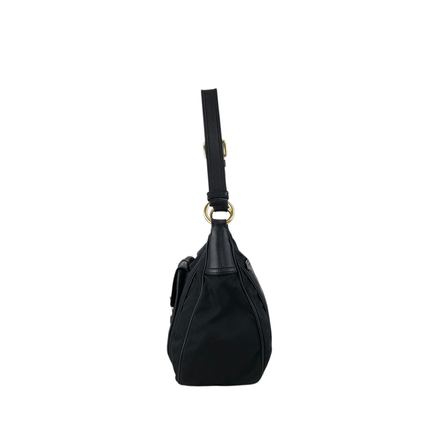 PRADA Triangle Logo Front Buckle Shoulder bag Hobobag Black Vintage kmr53p