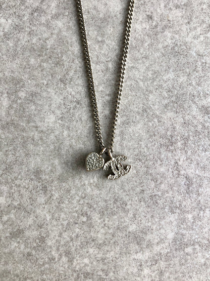 CHANEL Coco Mark Rhinestone Necklace Silver Vintage udsh45