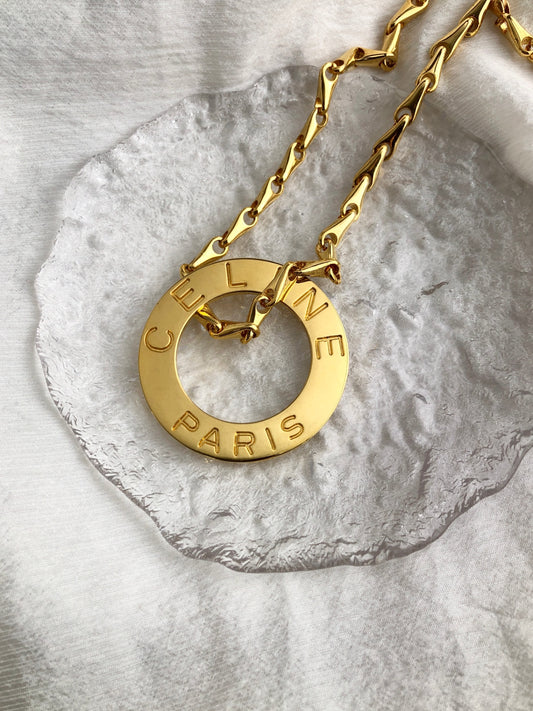 CELINE Circle Logo Necklace Gold Vintage mjx3s3