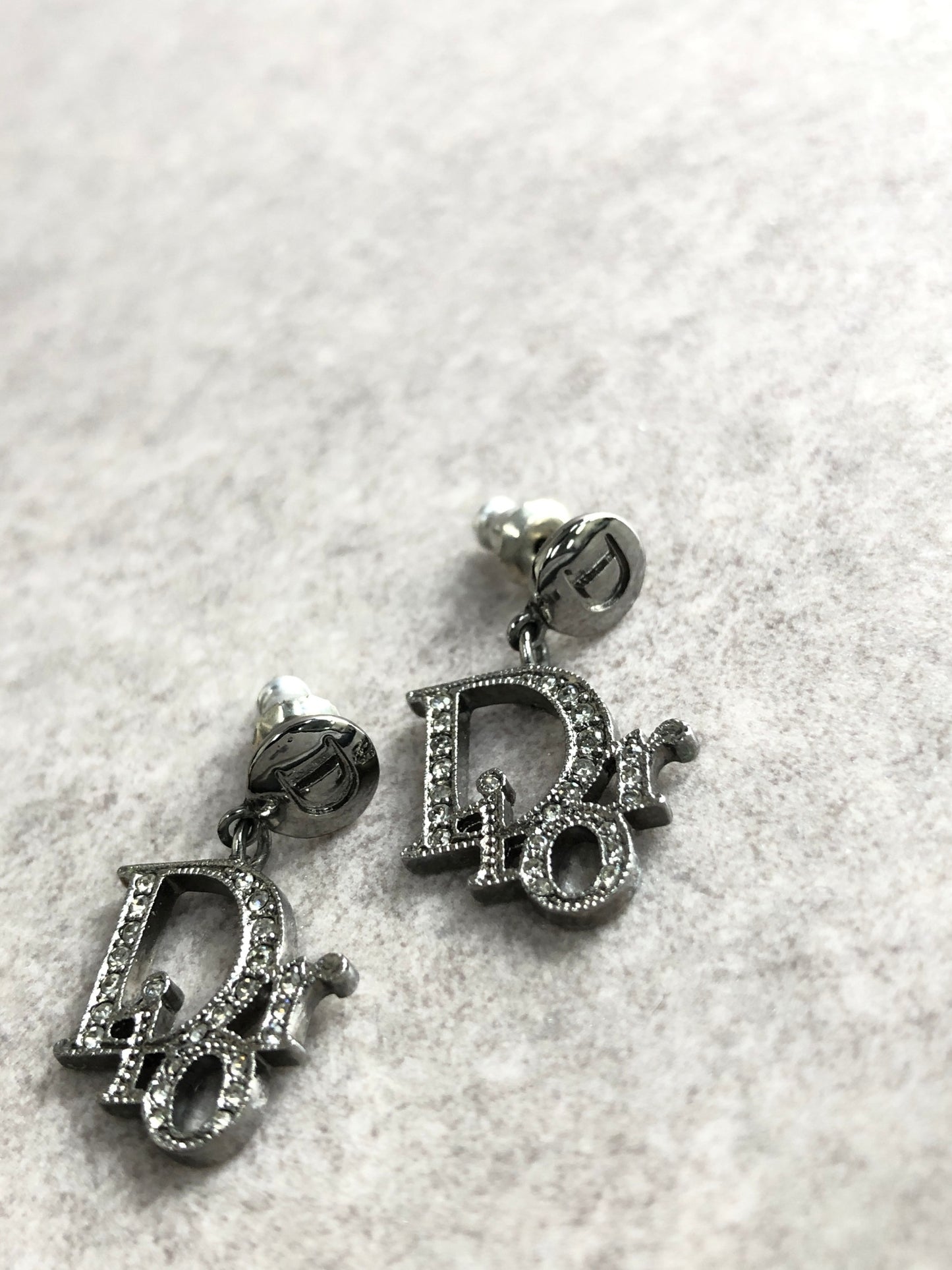 Christian Dior Logo Motif Rhinestone Pierced Silver Vintage 5rebys