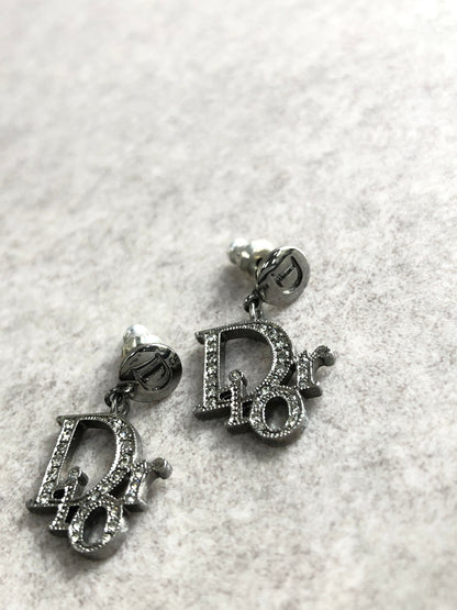 Christian Dior Logo Motif Rhinestone Pierced Silver Vintage 5rebys