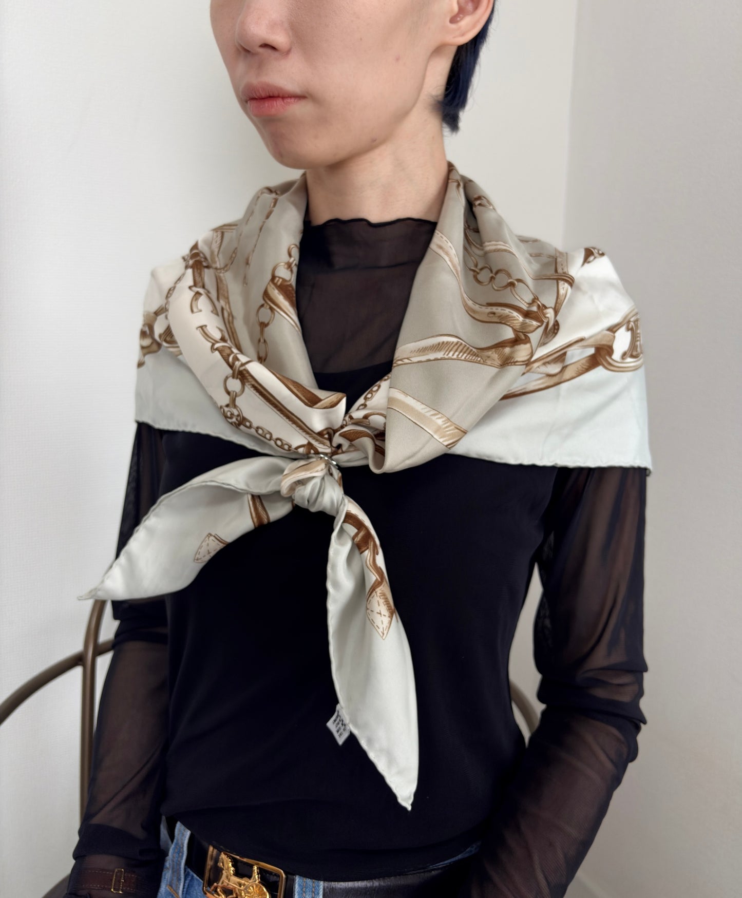 CELINE Silk Scarf Gray×White Vintage n5252j