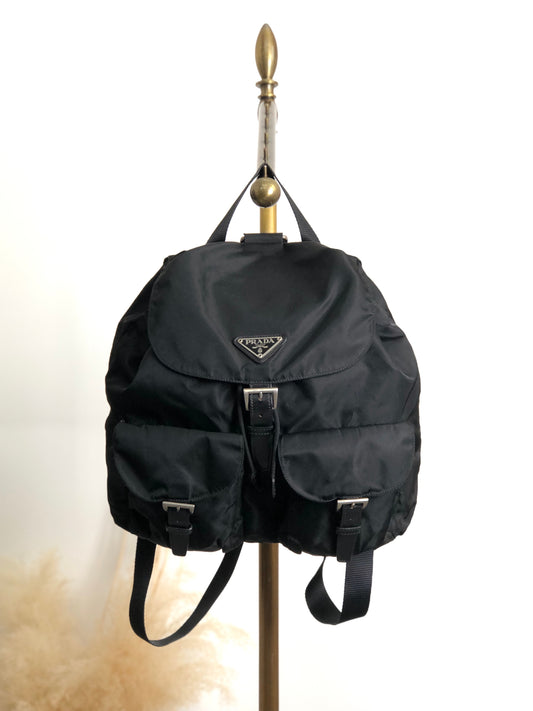 PRADA Tessuto Triangle Logo Front Buckle Backpack Black Vintage rfyw7n