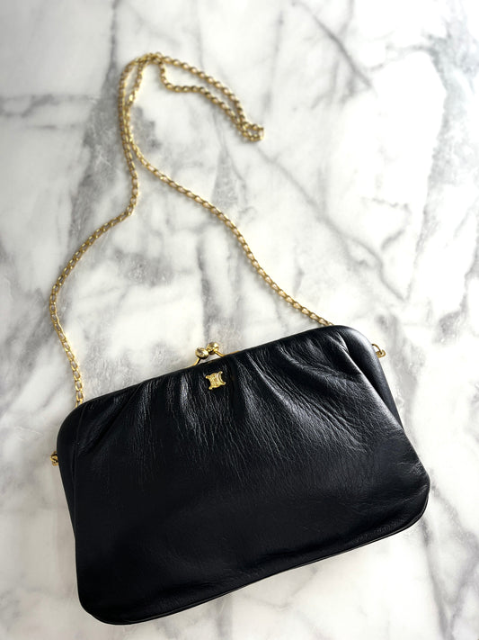 CELINE Blason Metal Clasp Chain Shoulder bag Black Vintage 7wahif