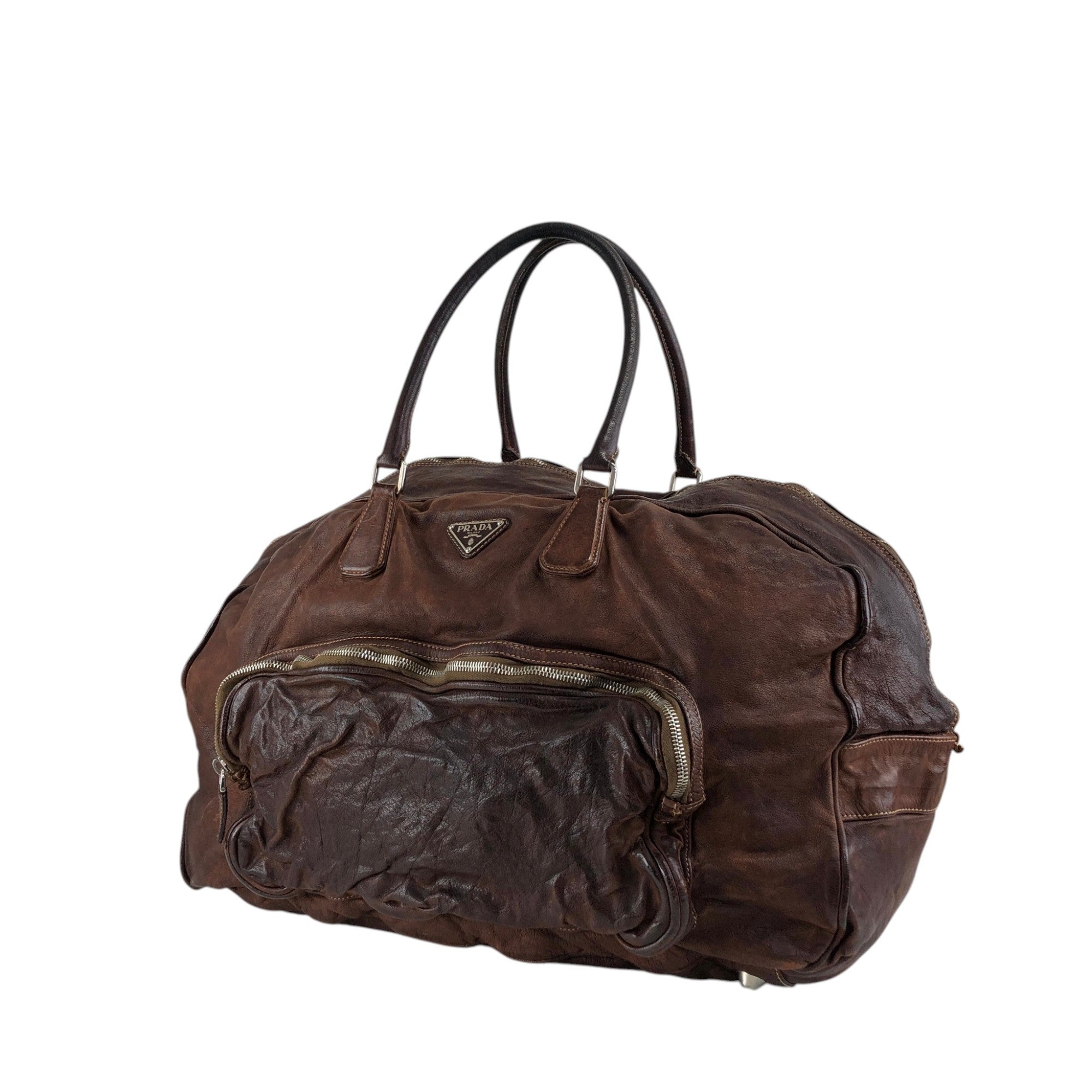 PRADA Triangle Logo Handbag Boston bag Washed leather Brown