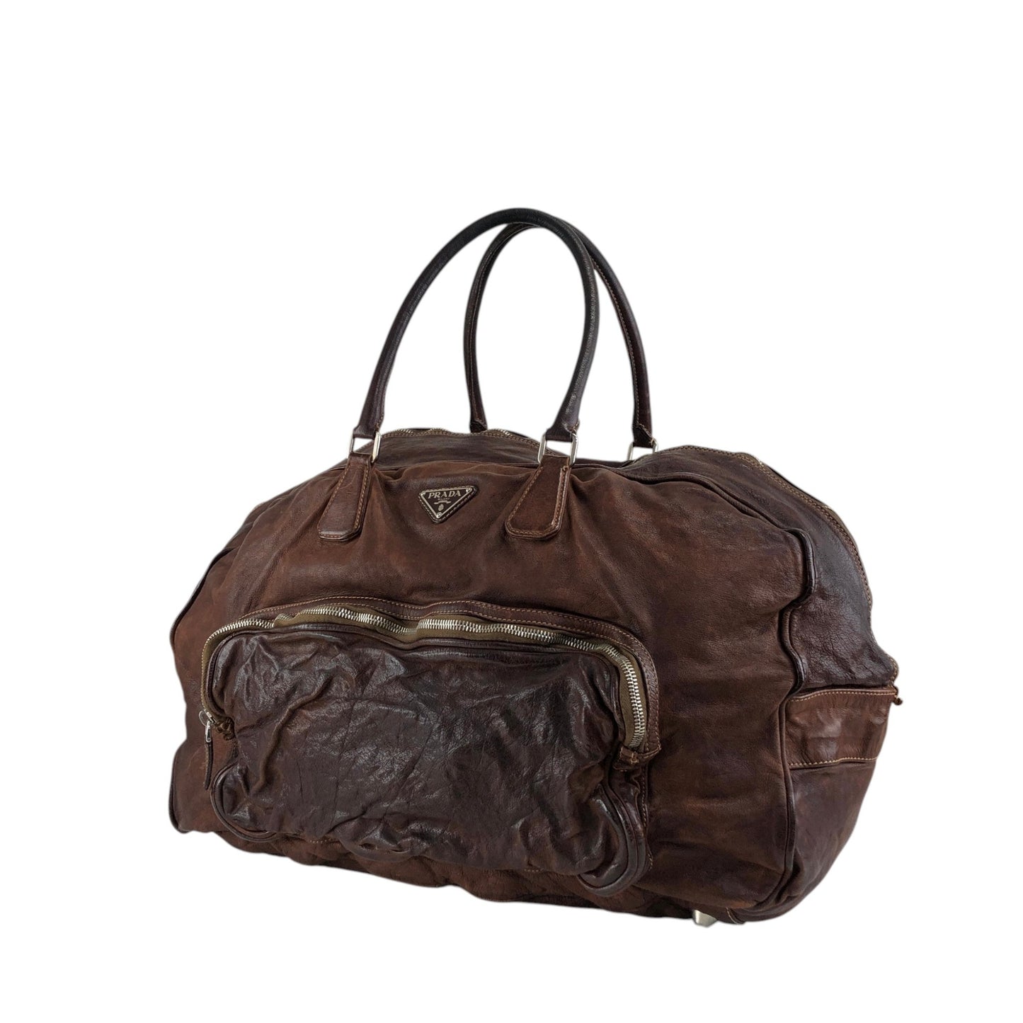 PRADA Triangle Logo Handbag Boston bag Washed leather Brown Vintage 2umzpg