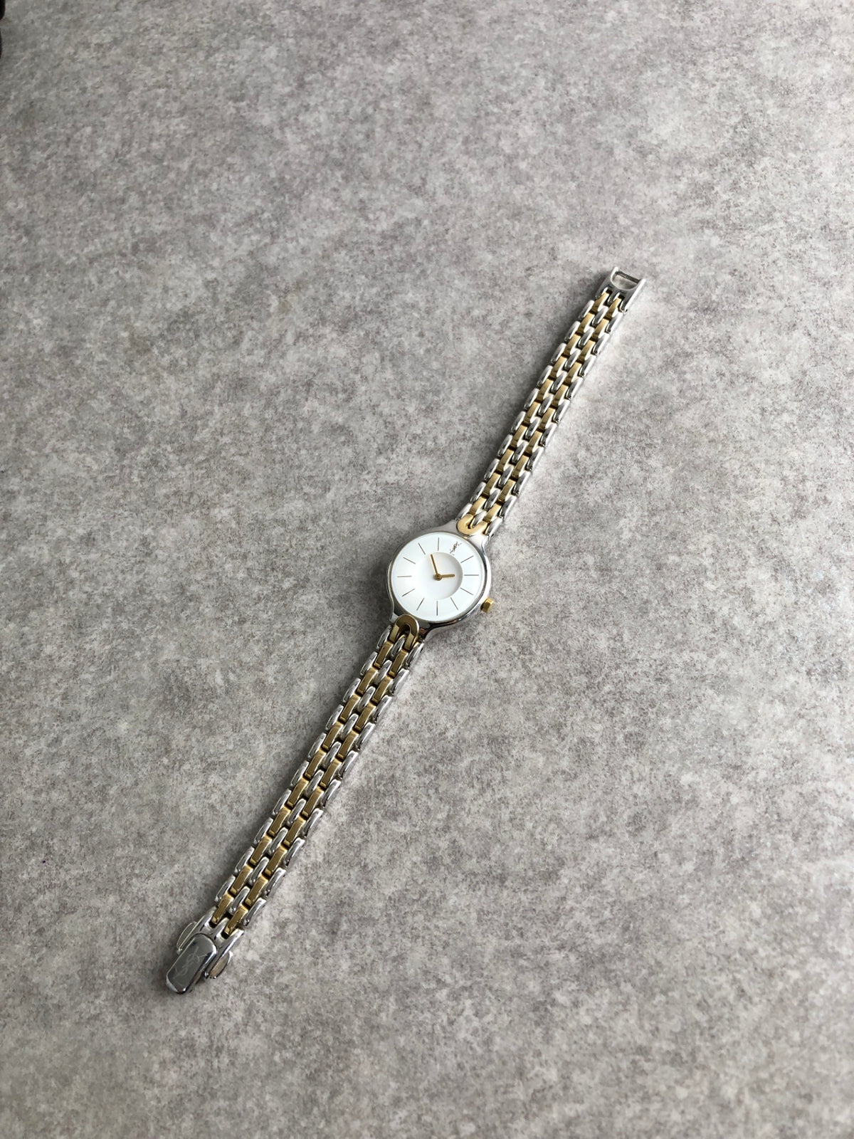 Yves Saint Laurent YSL Logo Quartz Watch Silver×White Vintage 5se247