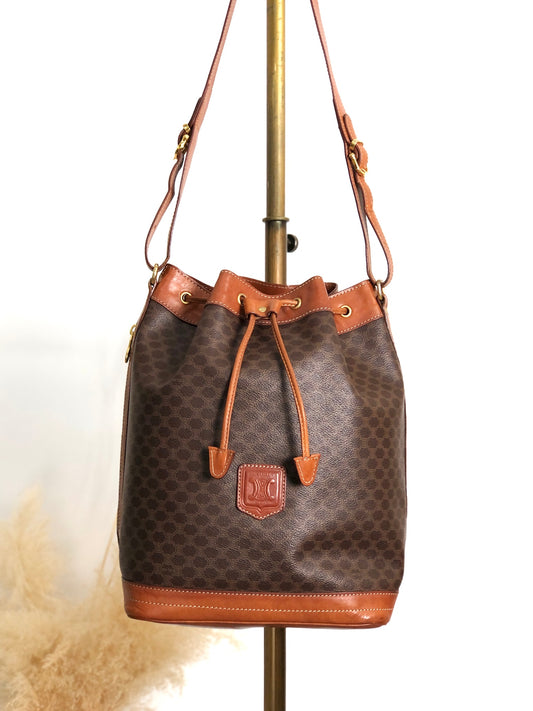 CELINE Macadam Blason Drawstring Shoulder bag Brown Vintage wc85jm