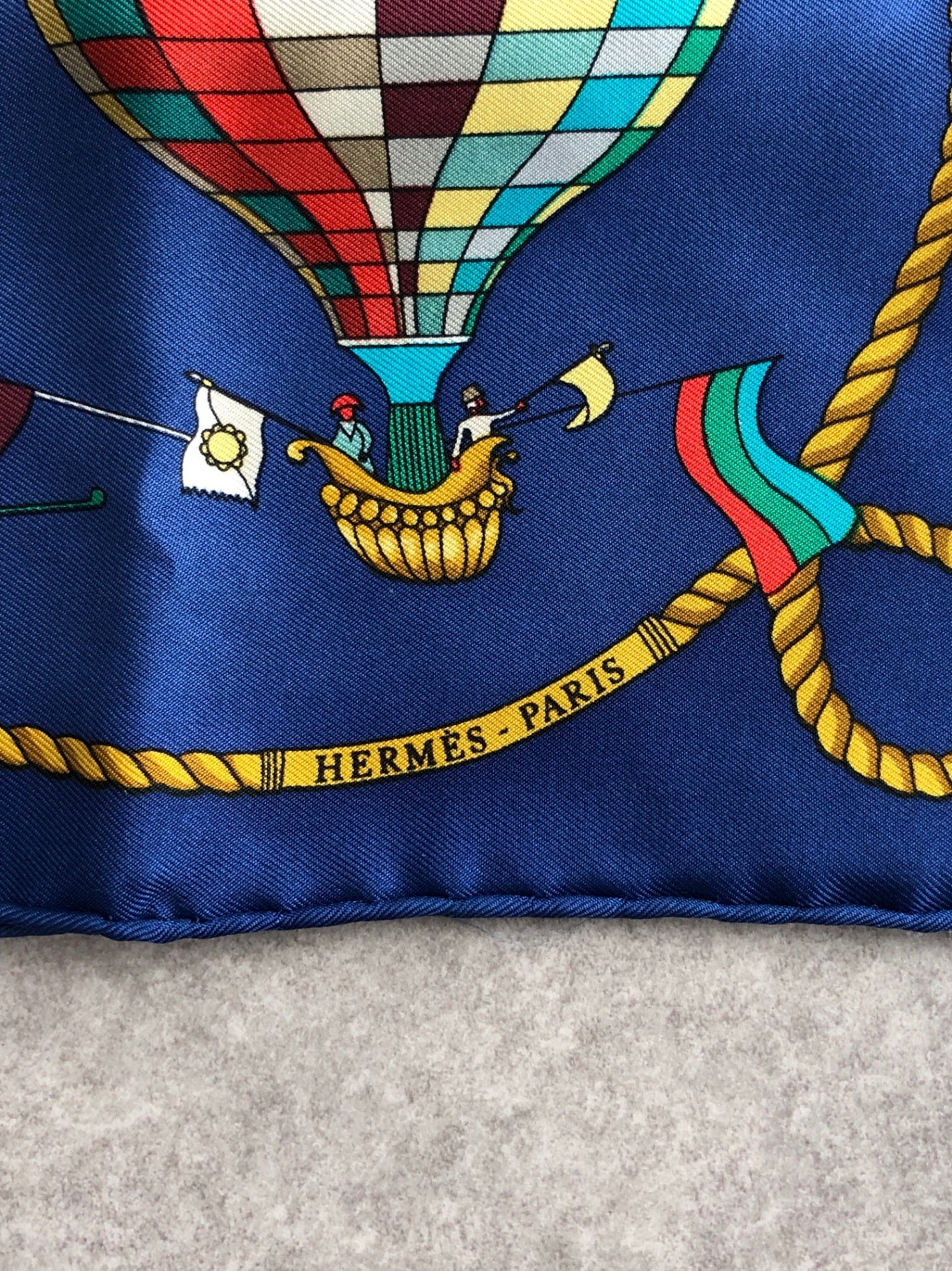 HERMES Silk Scarf Blue balloon motif LES FOLIES DU CIEL Vintage