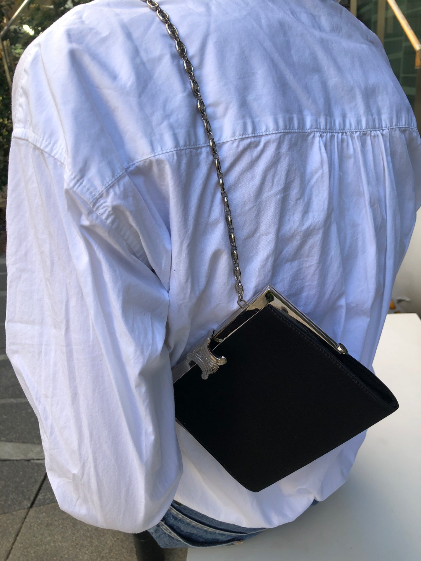 CELINE Triomphe Metal Clasp Chain Shoulder bag Black Vintage 857psb