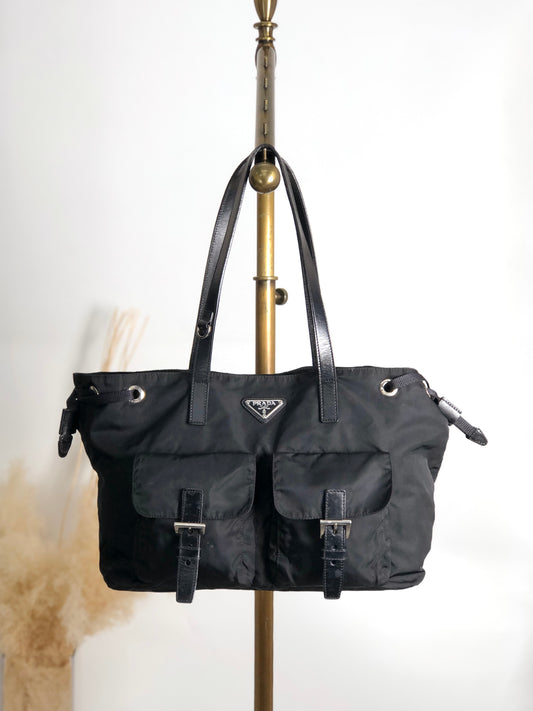 PRADA Tessuto Triangle Logo Double Pocket Handbag Totebag Black Vintage crdzaw
