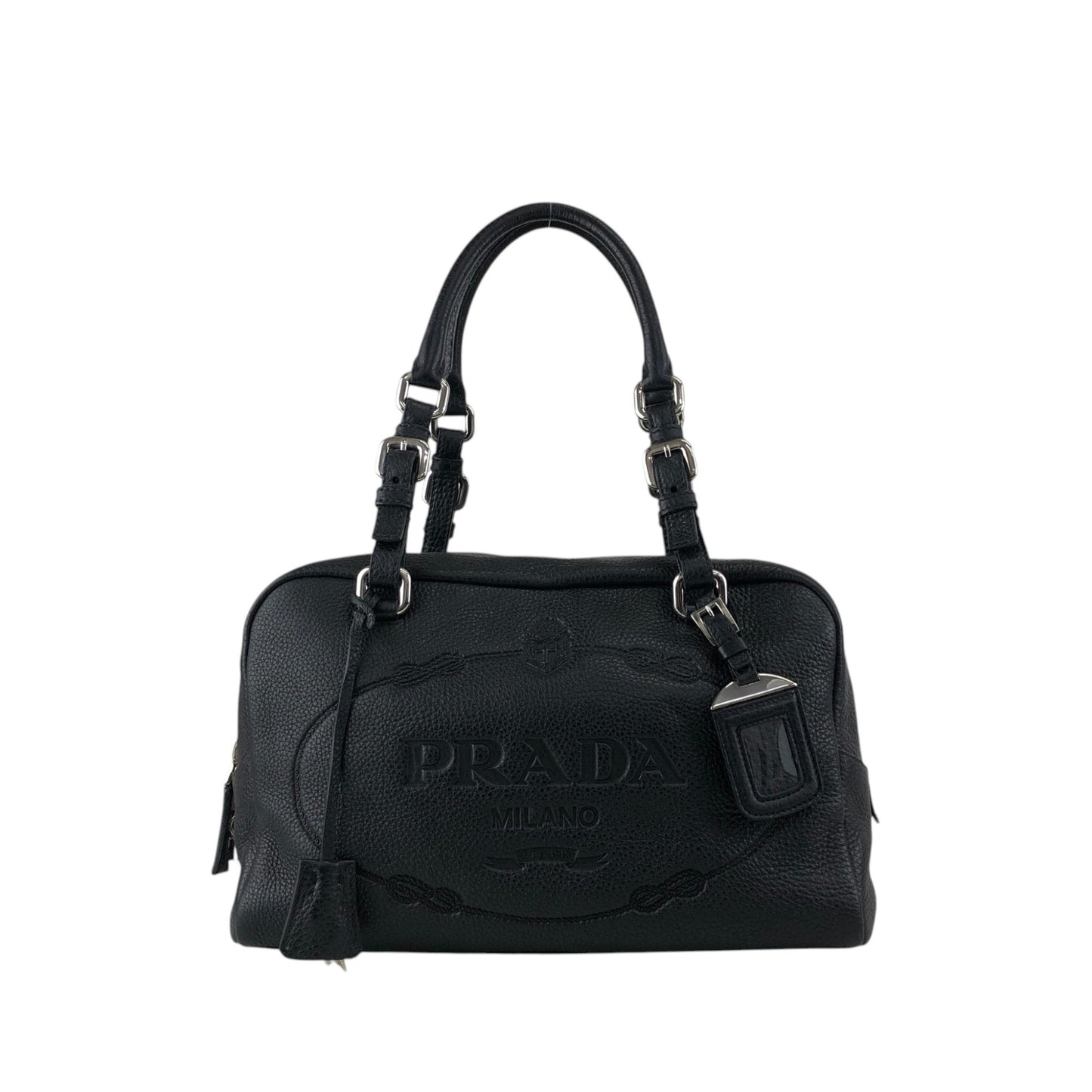 PRADA Logo Embossed Small Boston bag Handbag Black Vintage 6kdc52