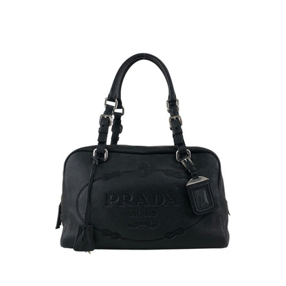 PRADA Logo Embossed Small Boston bag Handbag Black Vintage 6kdc52