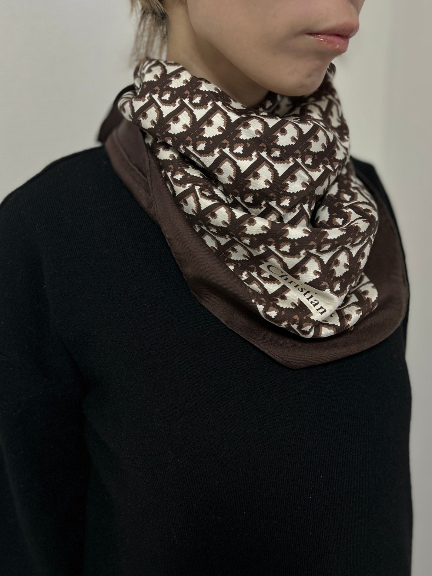 Christian Dior Scarf Black×White SILK100% Vintage hrv56r