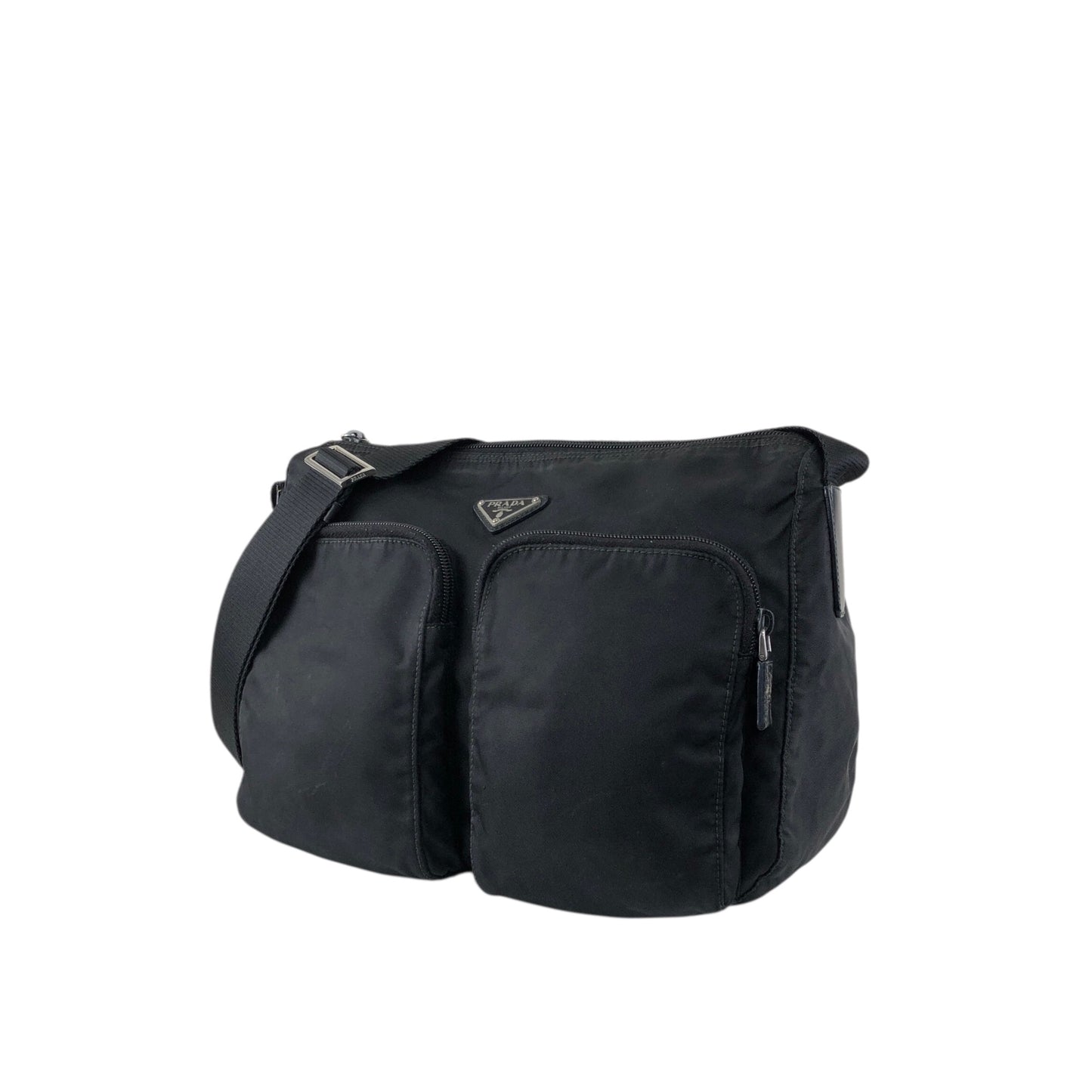 PRADA Tessuto Triangle Logo Double Pocket Shoulder bag Black Vintage se4edp