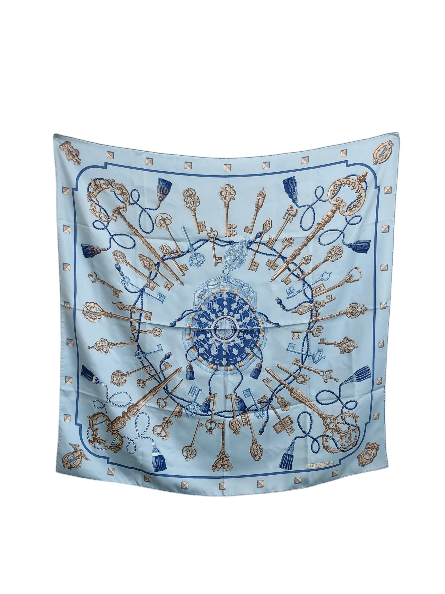 HERMES Silk Scarf Light Blue Les Cles Vintage xebh48