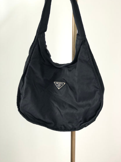 PRADA Triangle Logo Nylon Shoulder bag Hobobag Black Vintage i6atju