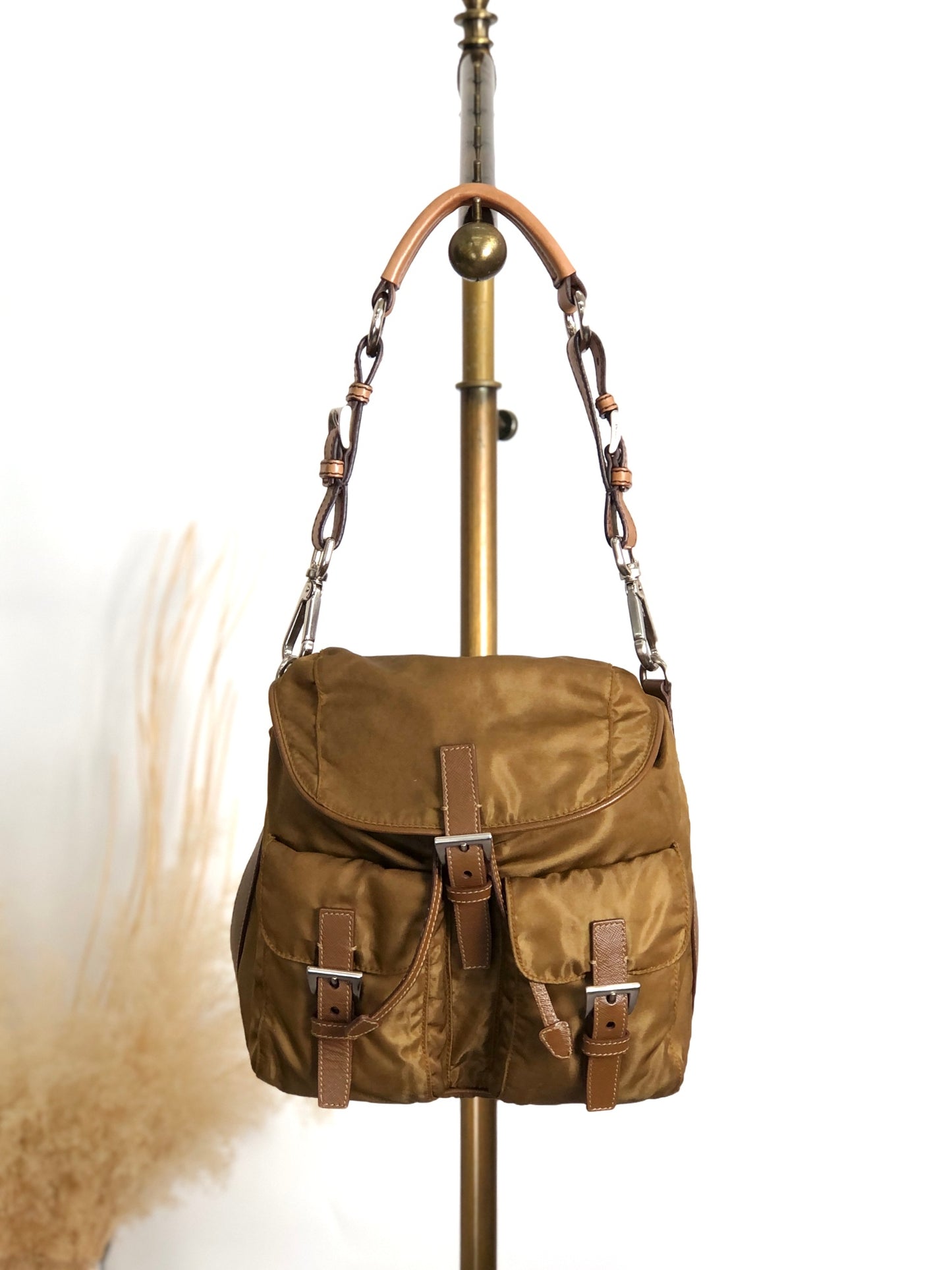 PRADA Tessuto Triangle Logo Double Pocket Handbag Shoulder bag Beige Vintage cgzz8n