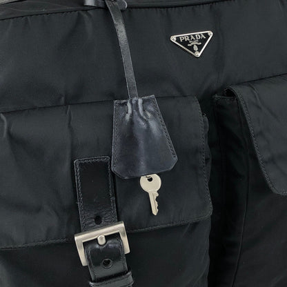 PRADA Tessuto Triangle Logo Double Pocket Handbag Boston bag Black Vintage 84gcbc