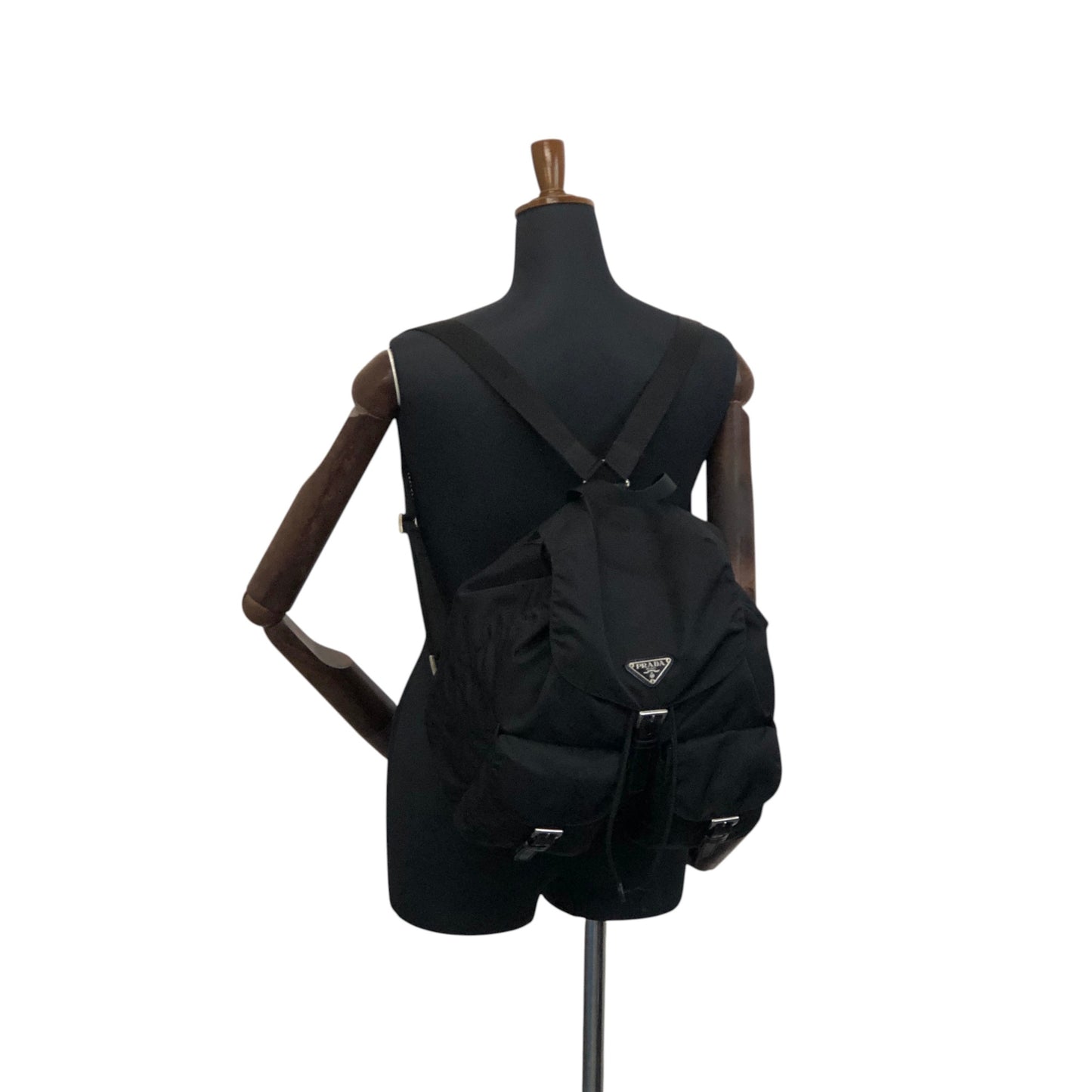PRADA Tessuto Triangle Logo Double Pocket Backpack Black Vintage scciib