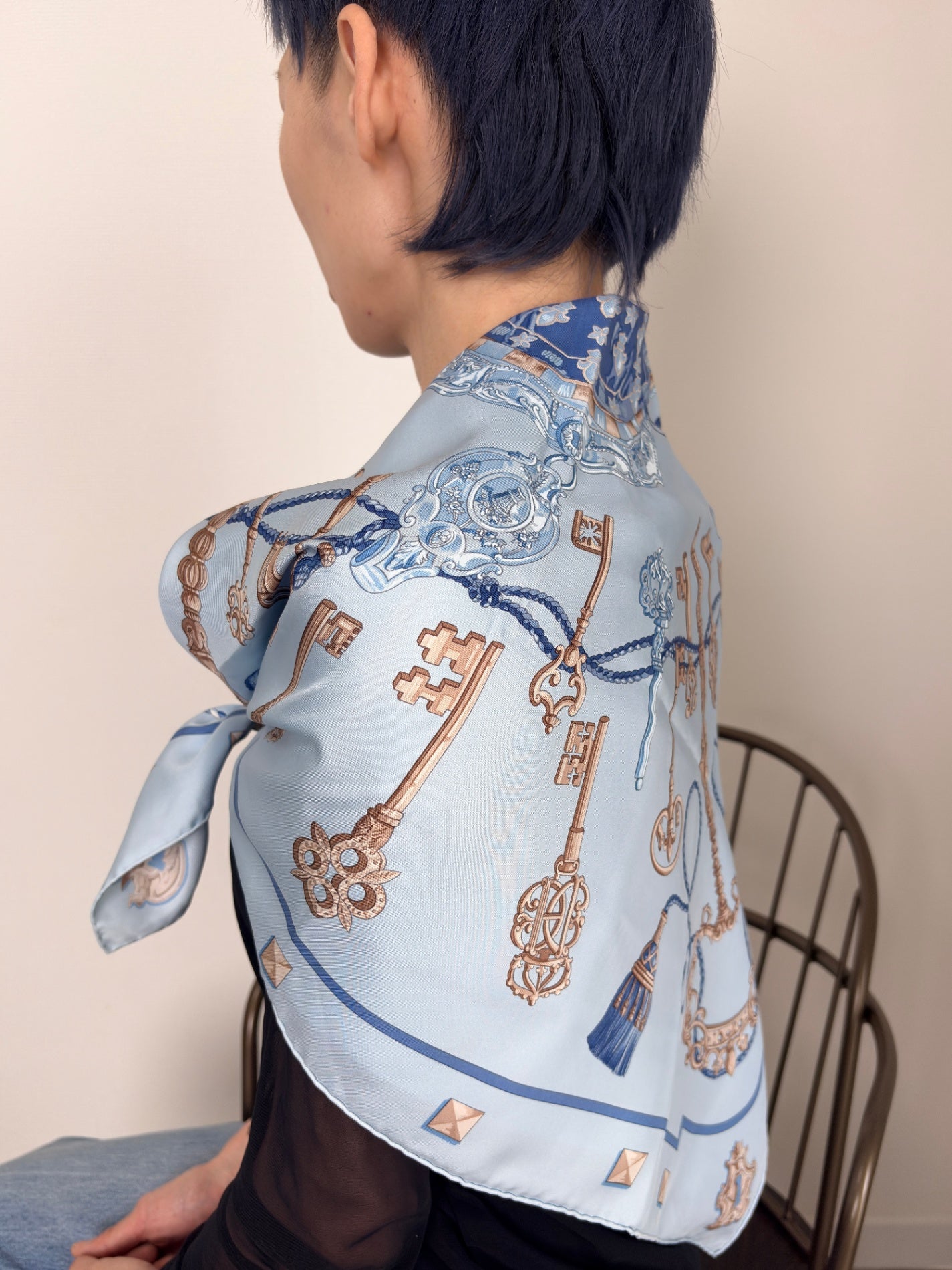 HERMES Silk Scarf Light Blue Les Cles Vintage xebh48