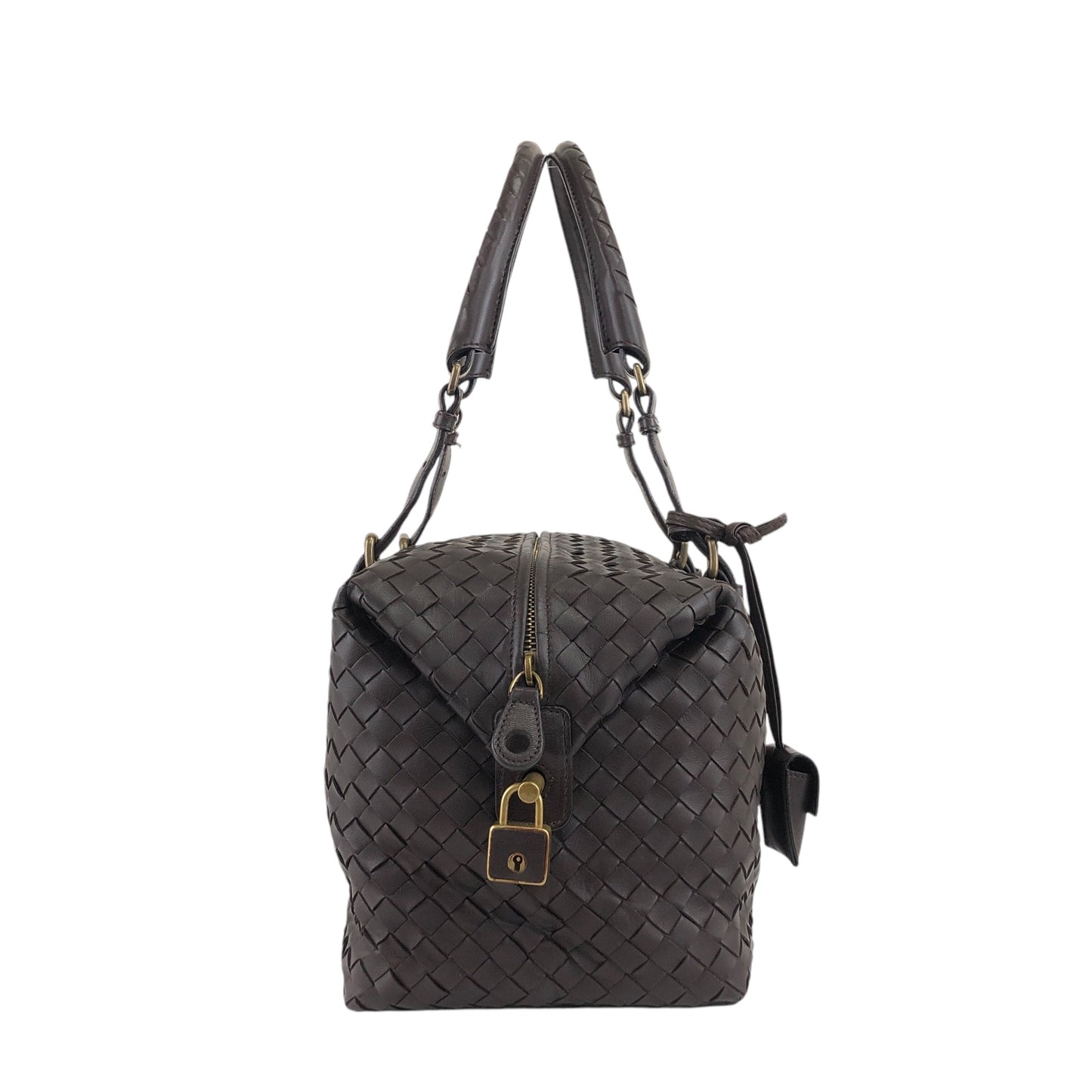 Bottega Veneta Intrecciato Padlock Boston bag Handbag Brown Vintage 2knttm