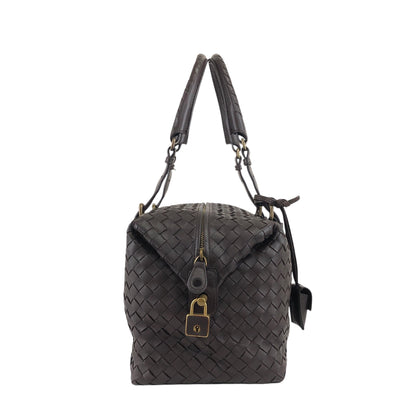 Bottega Veneta Intrecciato Padlock Boston bag Handbag Brown Vintage 2knttm