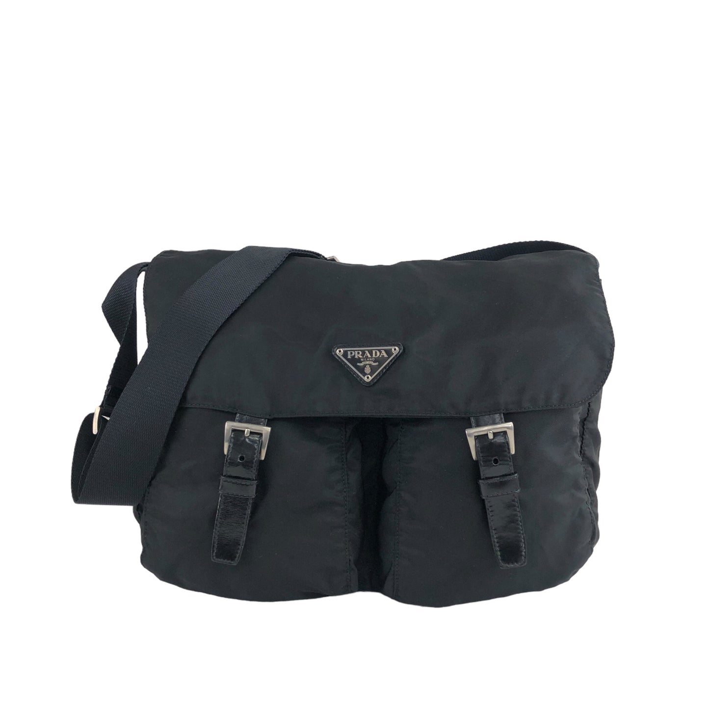 PRADA Triangle Logo Double Pocket Shoulder bag Black Vintage hadeda