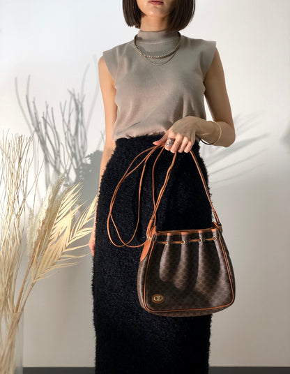 CELINE Macadam PVC Leather Drawstring Shoulder bag Brown Vintage hw5asw