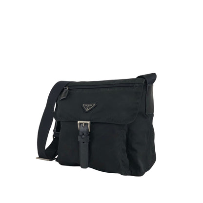 PRADA Triangle Logo Front Buckle Shoulder bag Black Vintage uiz535