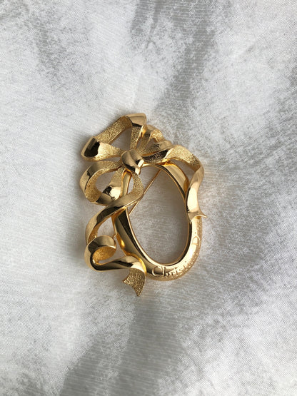 Christian Dior Ribbon Motif Brooch Gold Vintage xxvuwu