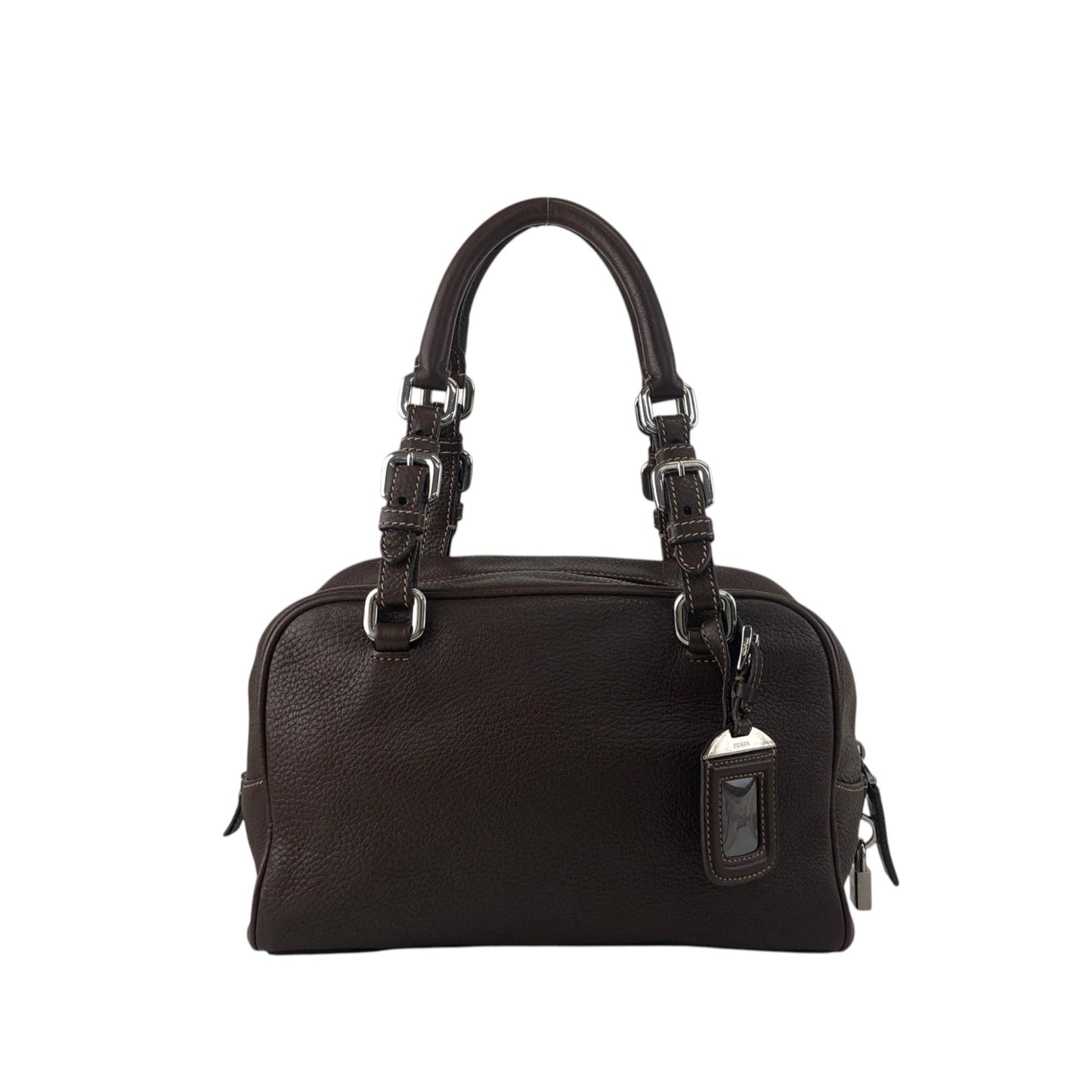 PRADA Logo Embossed Handbag Boston bag Brown Vintage pn7xkf