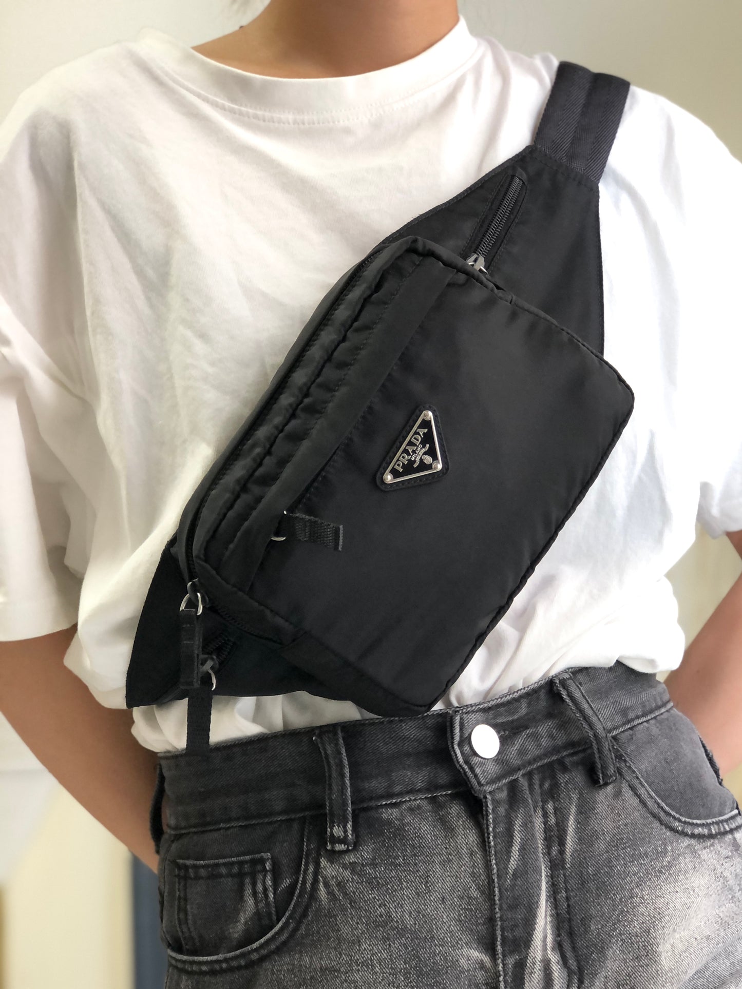 PRADA Tessuto Triangle Logo Sling bag Shoulder bag Black Vintage 58ccjt