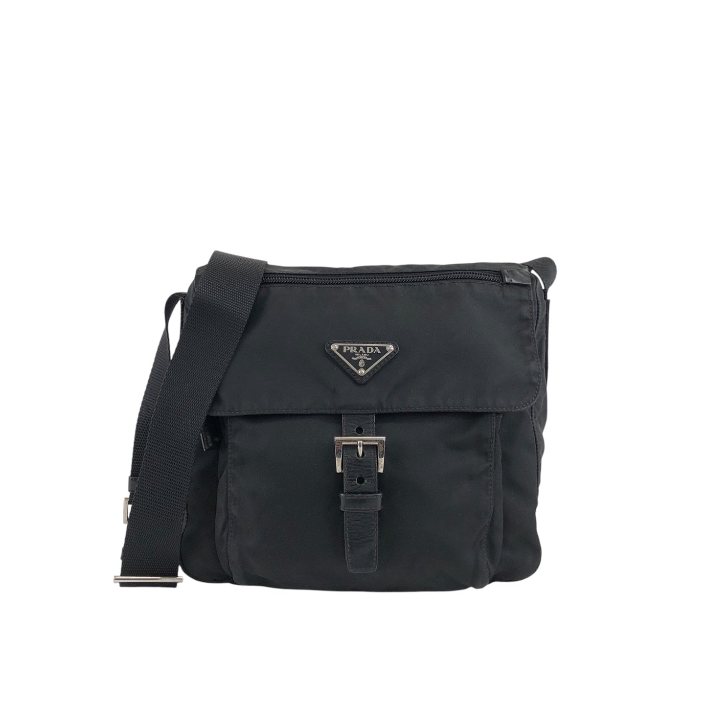 PRADA Triangle Logo Front Buckle Shoulder bag Black Vintage h66f76