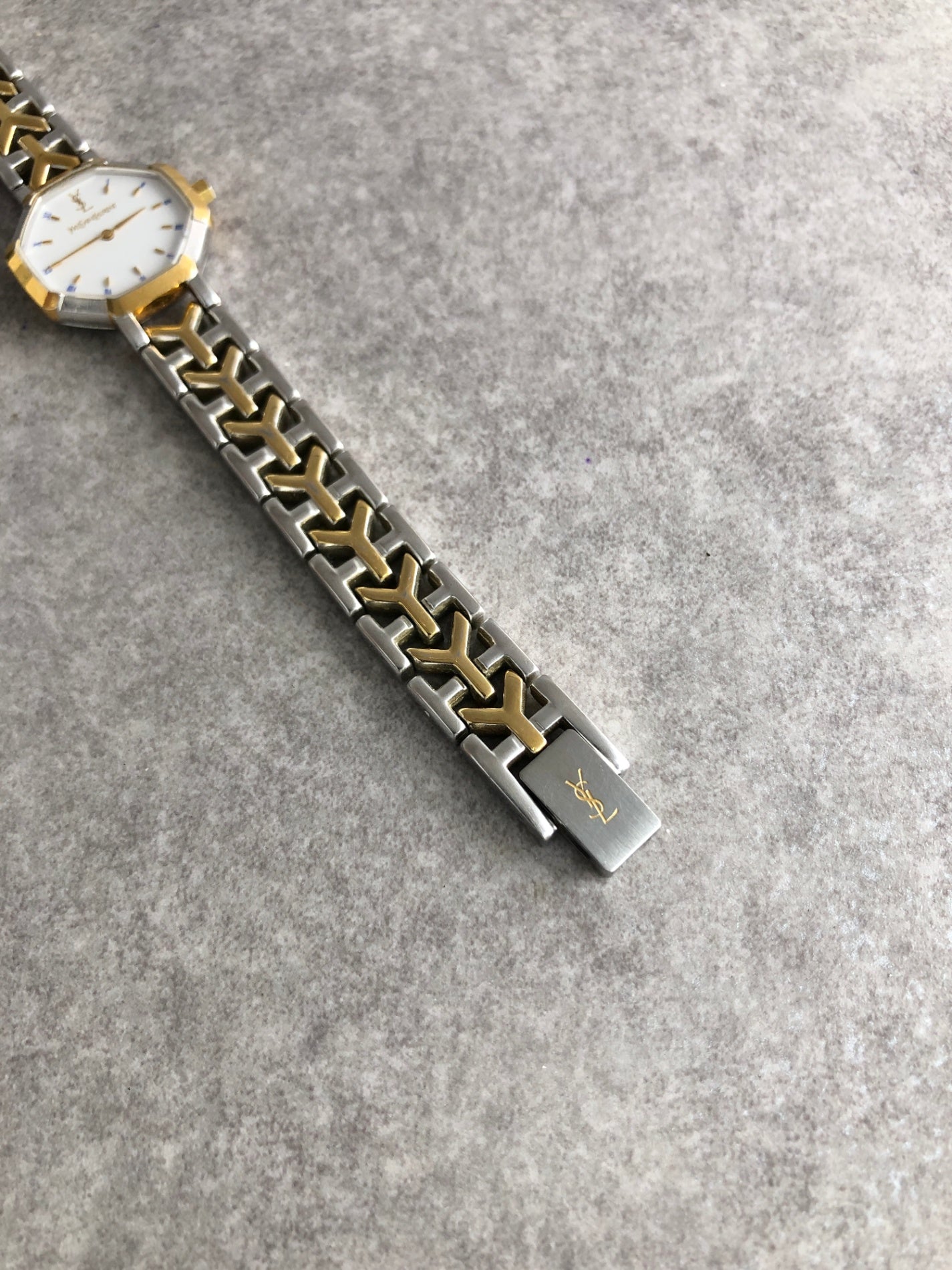 Yves Saint Laurent YSL Logo Octagon Quartz Watch Silver×Gold 2200-226313 Vintage famare