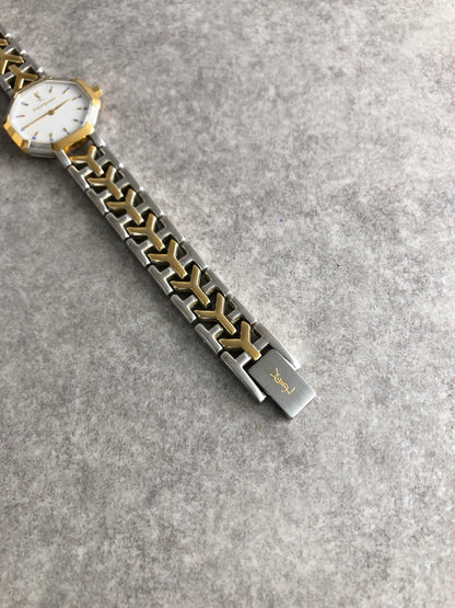 Yves Saint Laurent YSL Logo Octagon Quartz Watch Silver×Gold 2200-226313 Vintage famare