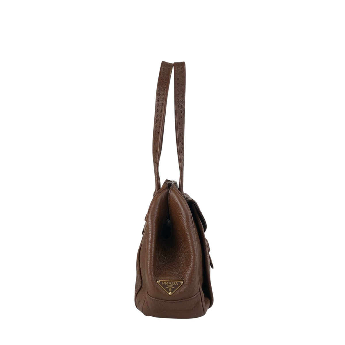 PRADA Triangle Logo Front Buckle Handbag Boston bag Brown Vintage v46bhc