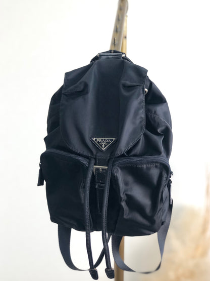 PRADA Triangle Logo Front Buckle Double Pocket Backpack Black Vintage 7ugci6