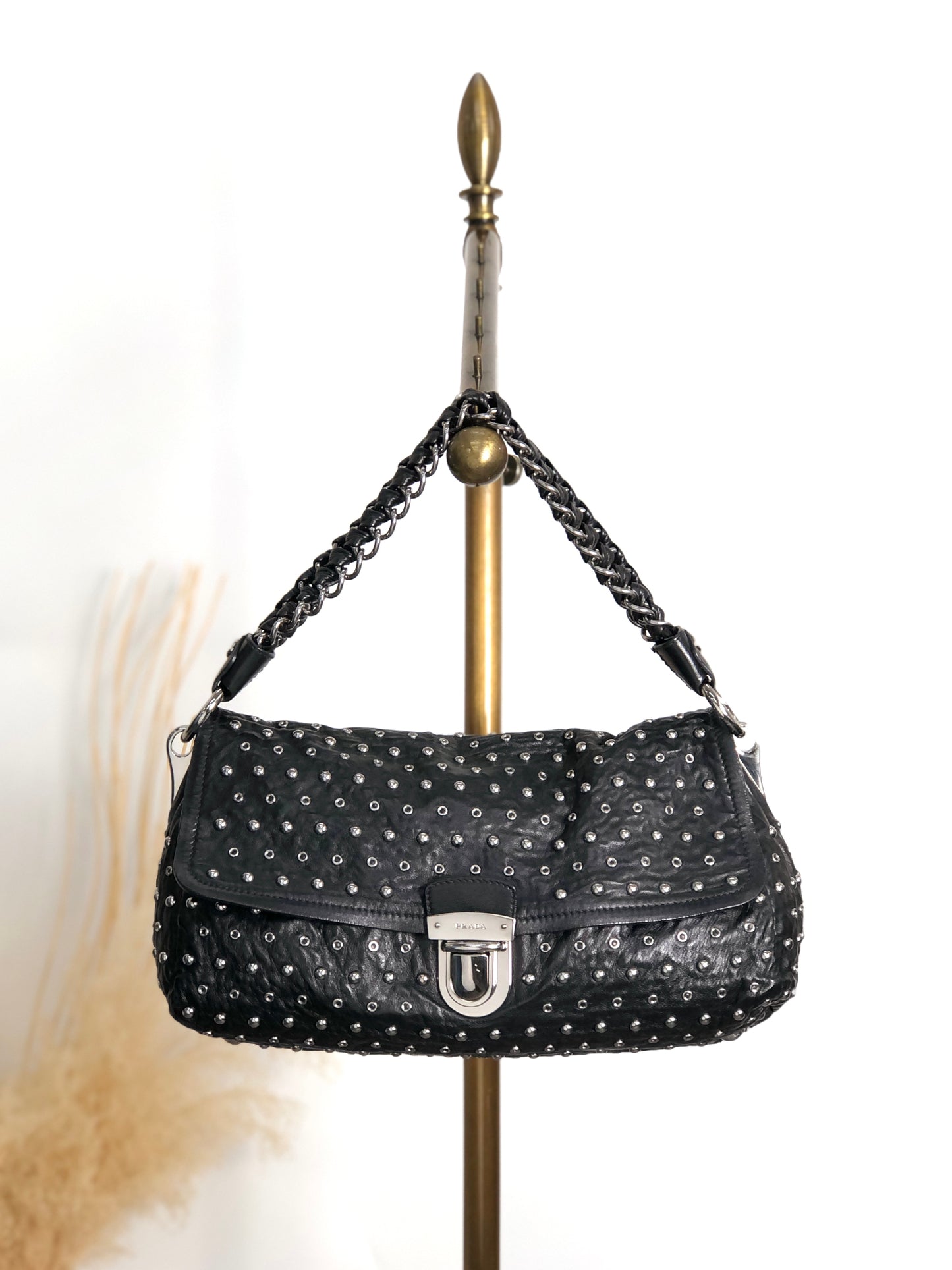 PRADA Studs Pushlock Shoulder bag Black Vintage mh4vuk