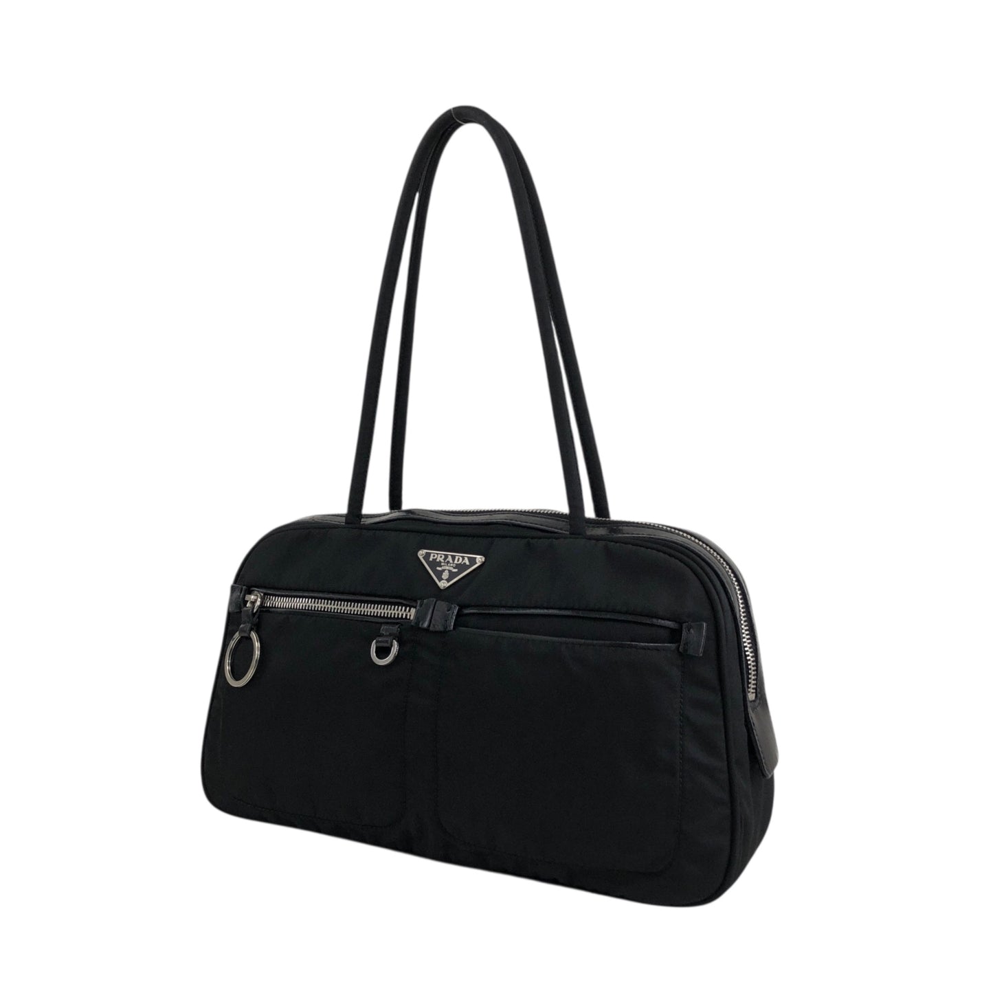 PRADA Tessuto Triangle Logo Front Pocket Small Boston bag Handbag Black Vintage gips8j