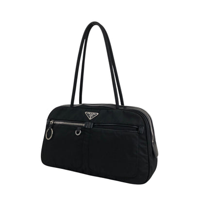 PRADA Tessuto Triangle Logo Front Pocket Small Boston bag Handbag Black Vintage gips8j