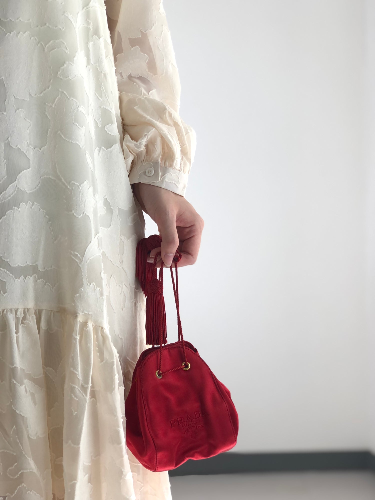 PRADA Logo Embroidery Satin Drawstring Mini Handbag Red PRADA Logo Embroidery Satin Drawstring Mini Handbag Red