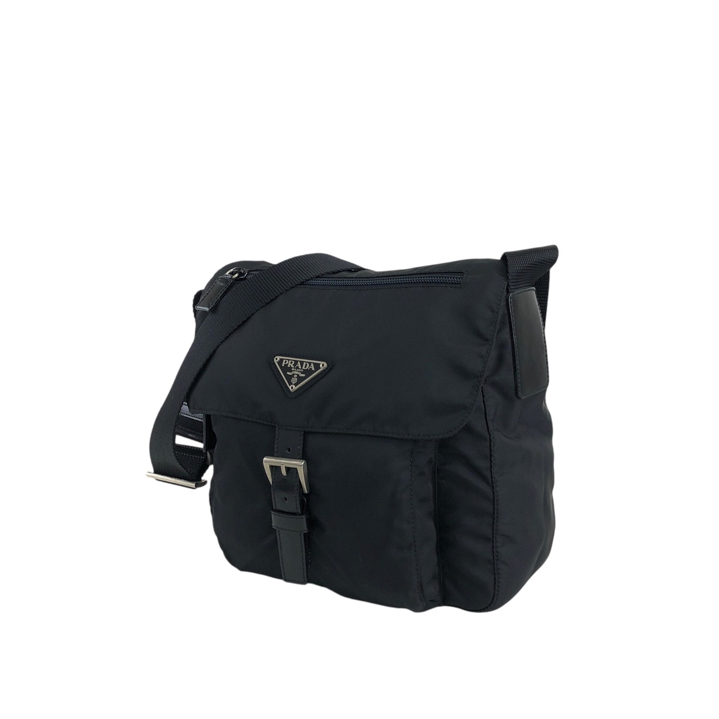 PRADA Triangle Logo Front Buckle Shoulder bag Black Vintage cxgmd6