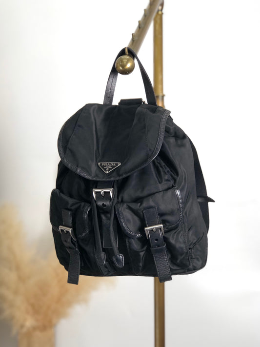 PRADA Triangle Logo Double Pocket Backpack Black Vintage 4vd2sb