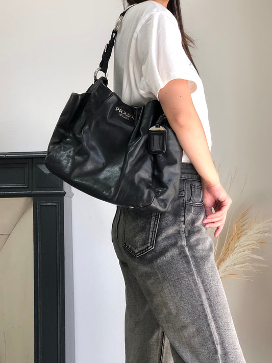 PRADA Logo Shoulder bag Hobobag Black Vintage pbitjd